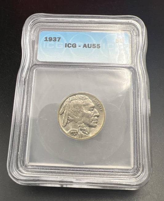 1937 5c Buffalo Nickel Coin ICG AU55 About Unc Certified