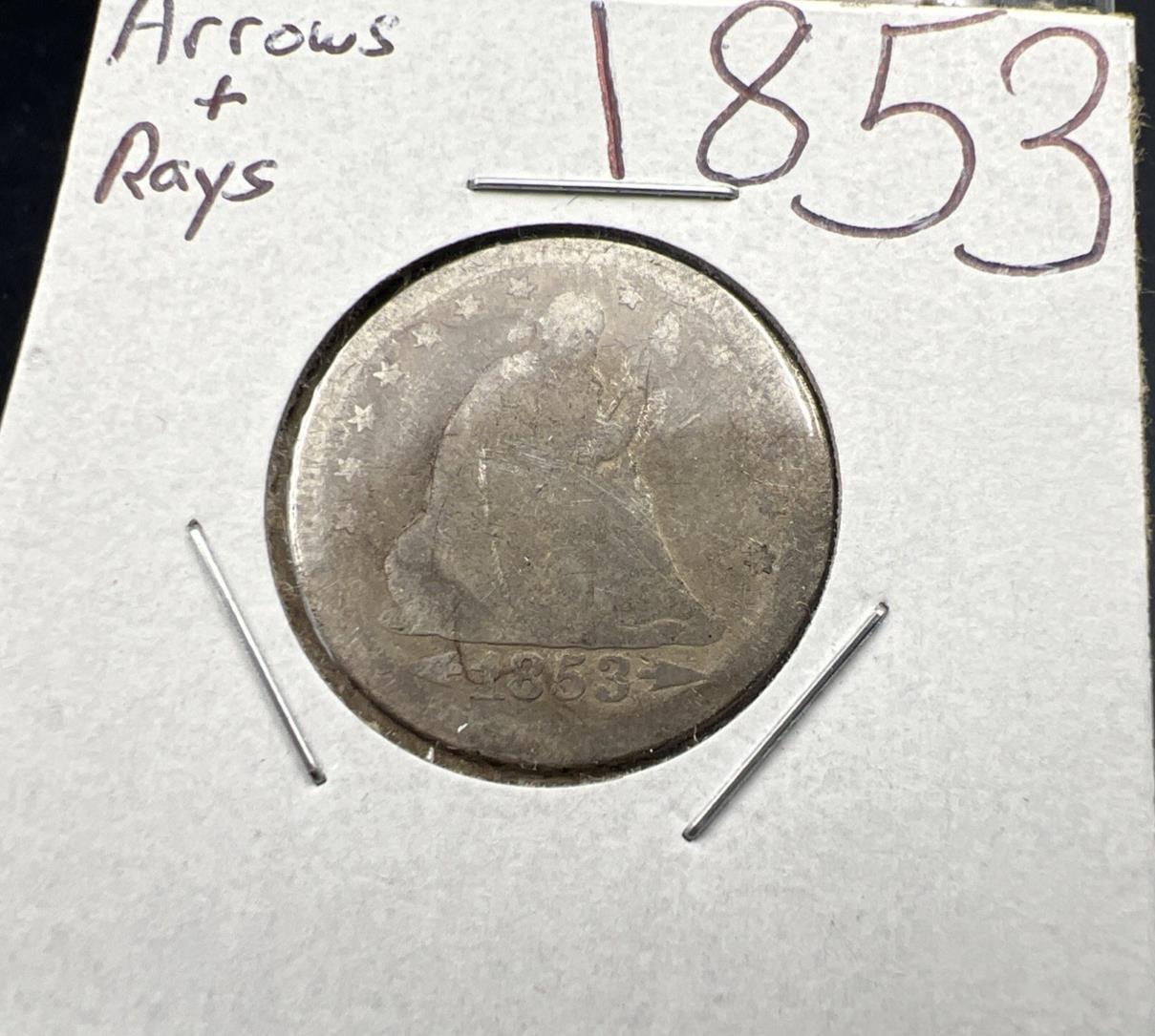 1853 P Arrows & Rays Seated Liberty Silver Quarter Very Circulated Poor Details