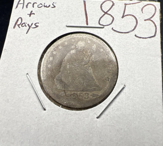 1853 P Arrows & Rays Seated Liberty Silver Quarter Very Circulated Poor Details
