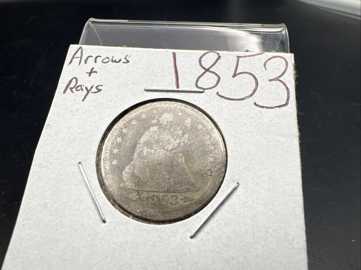 1853 P Arrows & Rays Seated Liberty Silver Quarter Very Circulated Poor Details