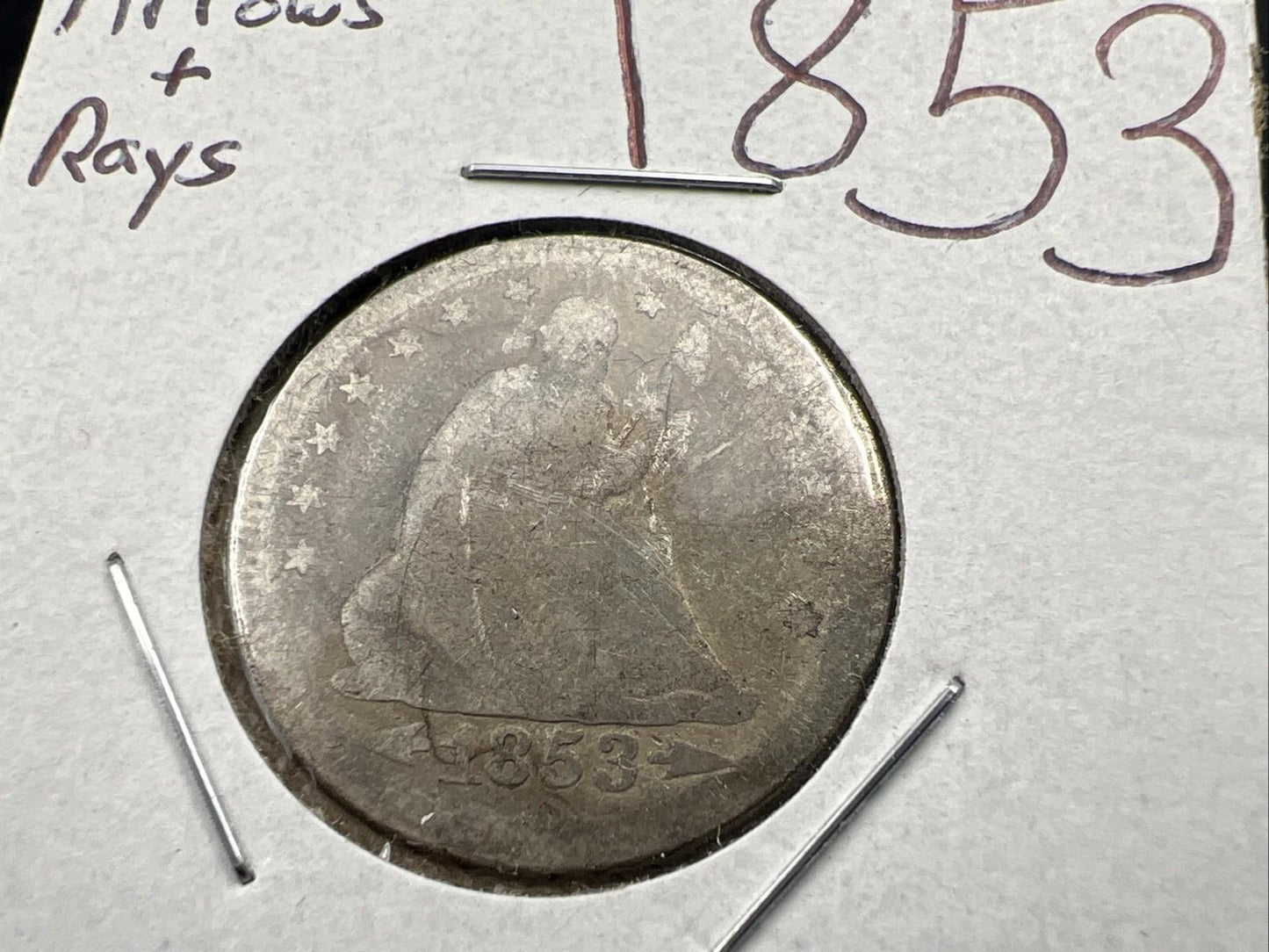 1853 P Arrows & Rays Seated Liberty Silver Quarter Very Circulated Poor Details