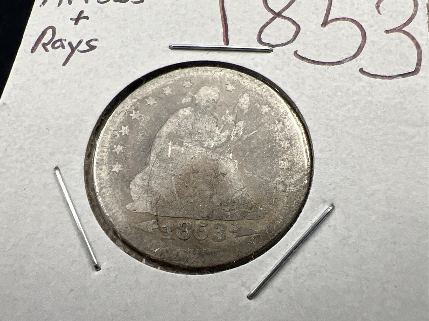 1853 P Arrows & Rays Seated Liberty Silver Quarter Very Circulated Poor Details