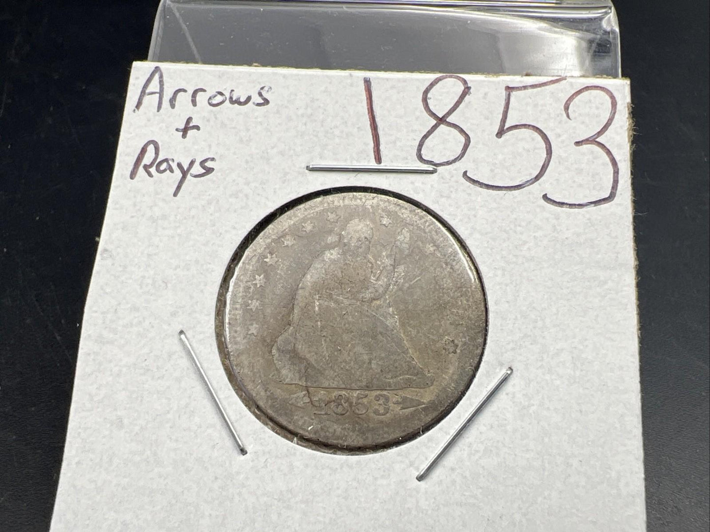 1853 P Arrows & Rays Seated Liberty Silver Quarter Very Circulated Poor Details