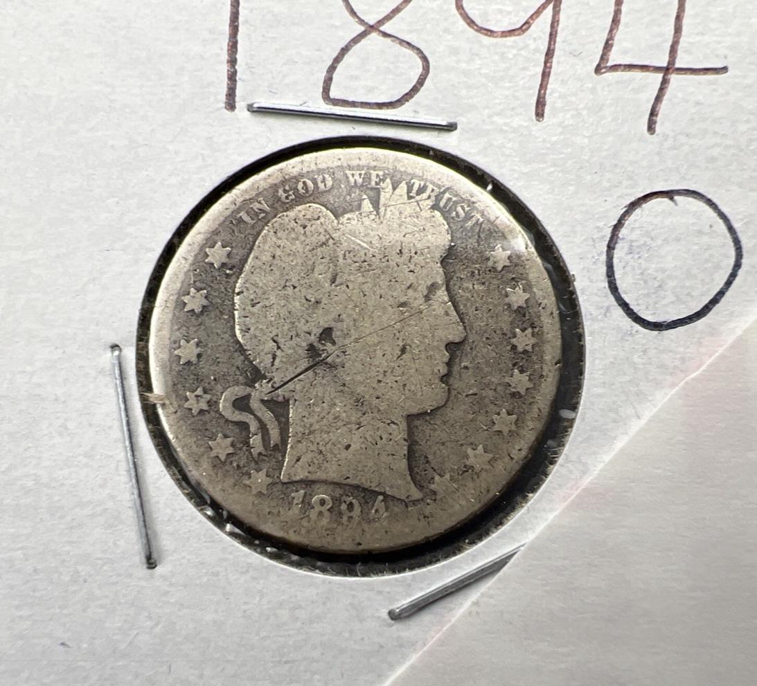 1894 O 25c Barber Silver Quarter Coin Very Circulated AG SK#A