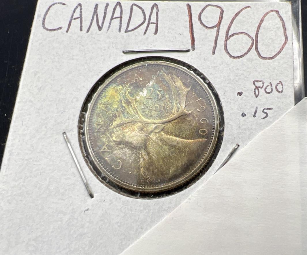 1960 25c Canada Silver Quarter coin PQ Toning AU About UNC SK#A