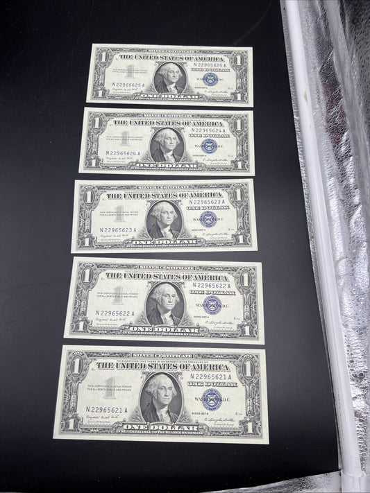 5 Consecutive 1957 A $1 Silver Certificates One Dollar Bills CH AU  #621