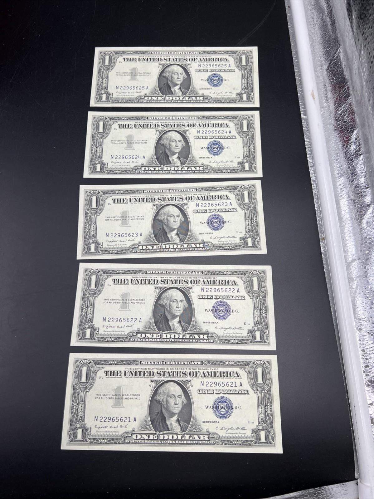 5 Consecutive 1957 A $1 Silver Certificates One Dollar Bills CH AU  #621