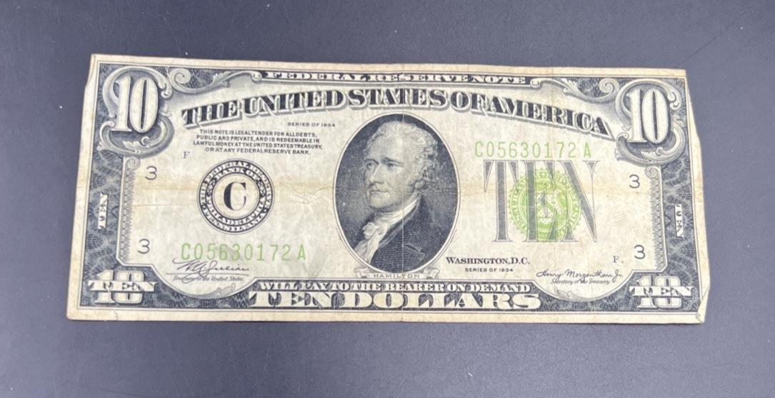 1934 $10 Philadelphia District FRN Federal Reserve Note VG Very Good Circ #172