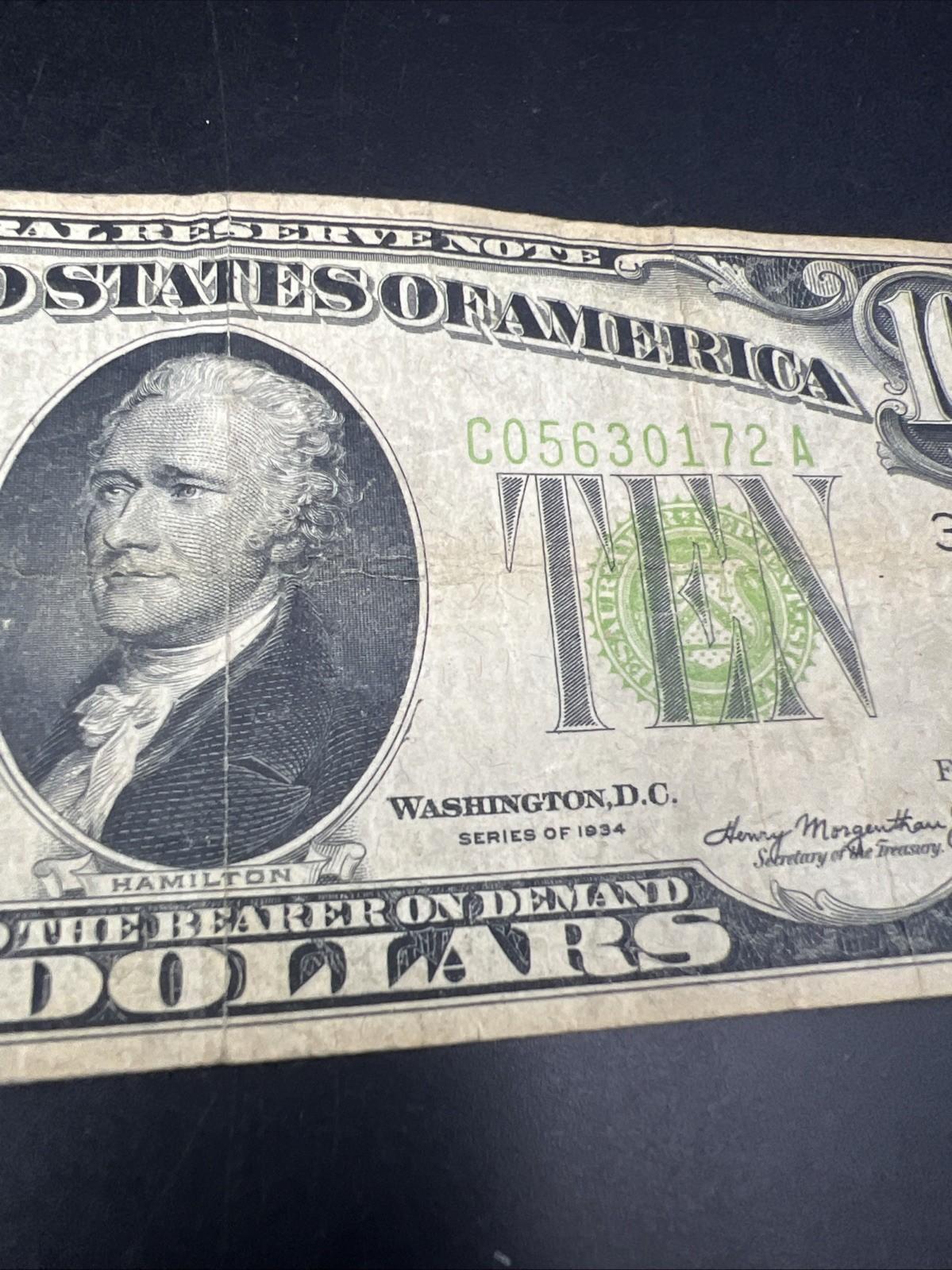 1934 $10 Philadelphia District FRN Federal Reserve Note VG Very Good Circ #172