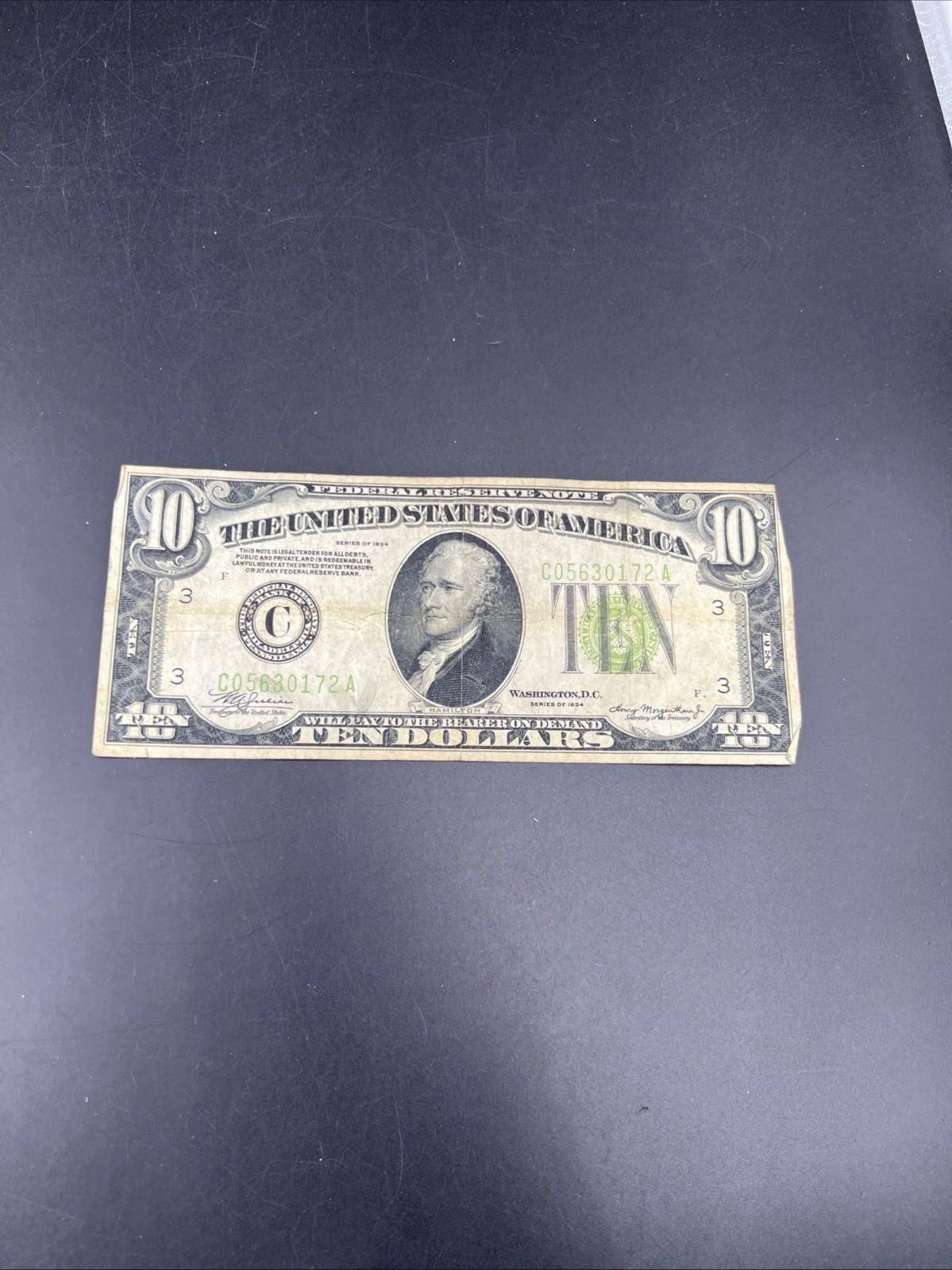 1934 $10 Philadelphia District FRN Federal Reserve Note VG Very Good Circ #172