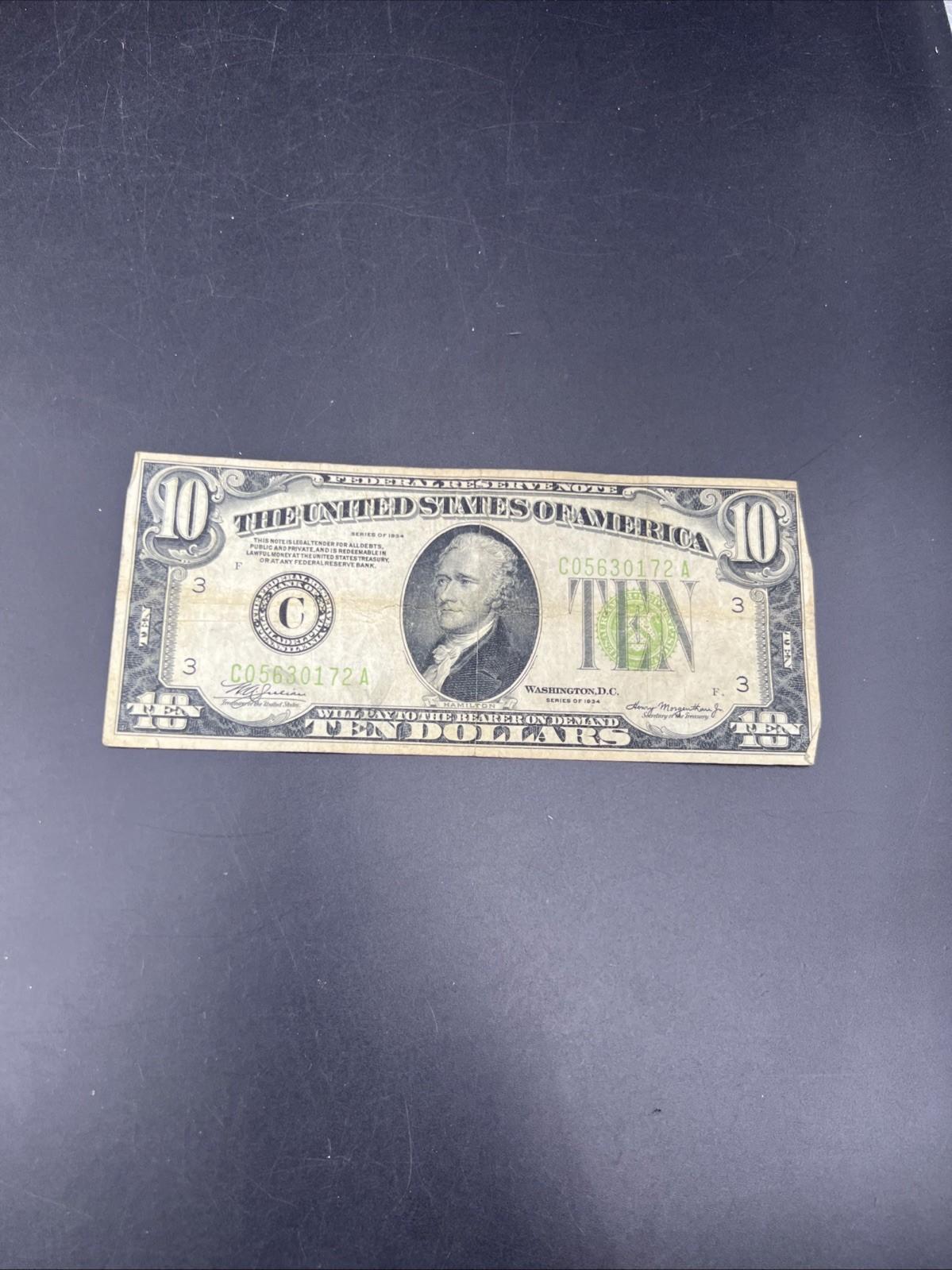 1934 $10 Philadelphia District FRN Federal Reserve Note VG Very Good Circ #172