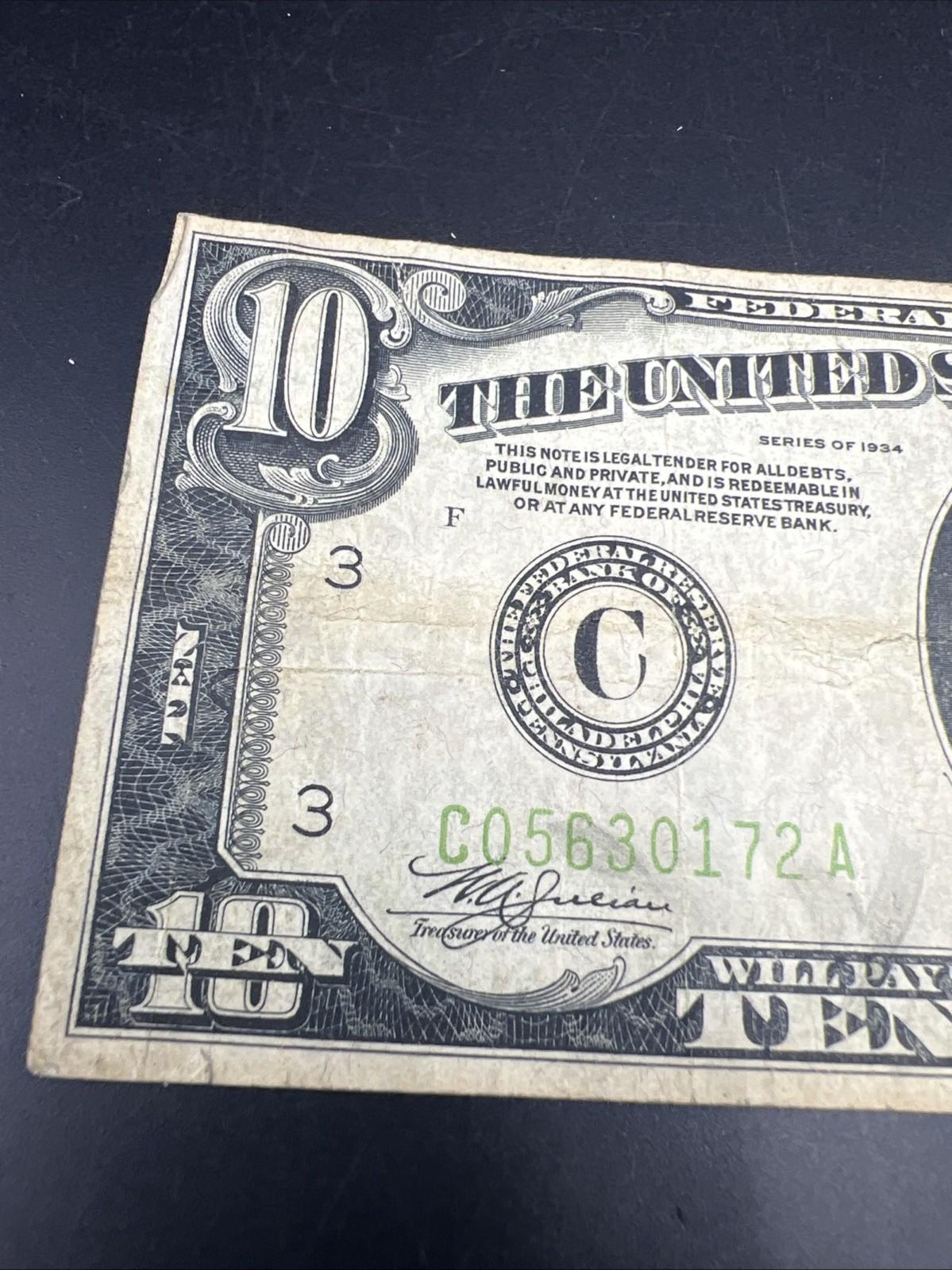 1934 $10 Philadelphia District FRN Federal Reserve Note VG Very Good Circ #172