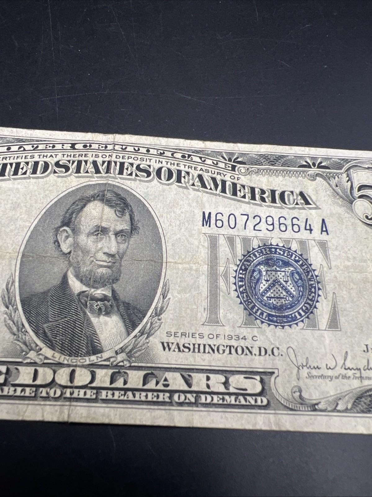 1934 C $5 Silver Certificate Note Blue Seal Bill VG / Fine Circ #664