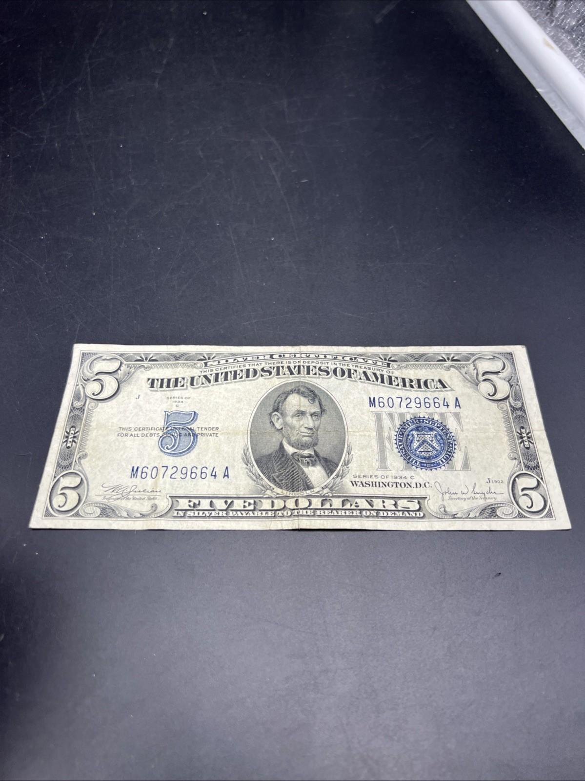 1934 C $5 Silver Certificate Note Blue Seal Bill VG / Fine Circ #664