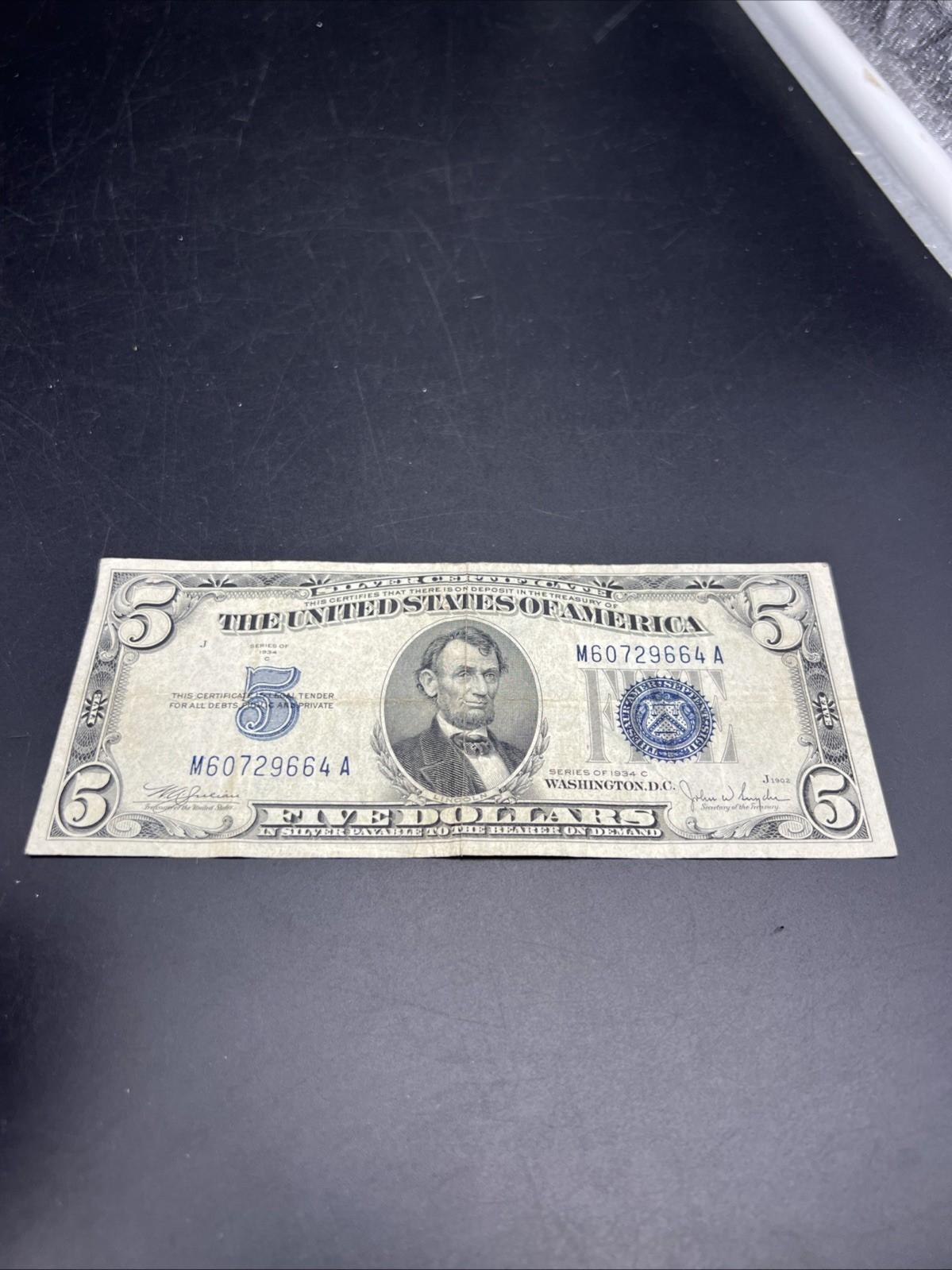 1934 C $5 Silver Certificate Note Blue Seal Bill VG / Fine Circ #664