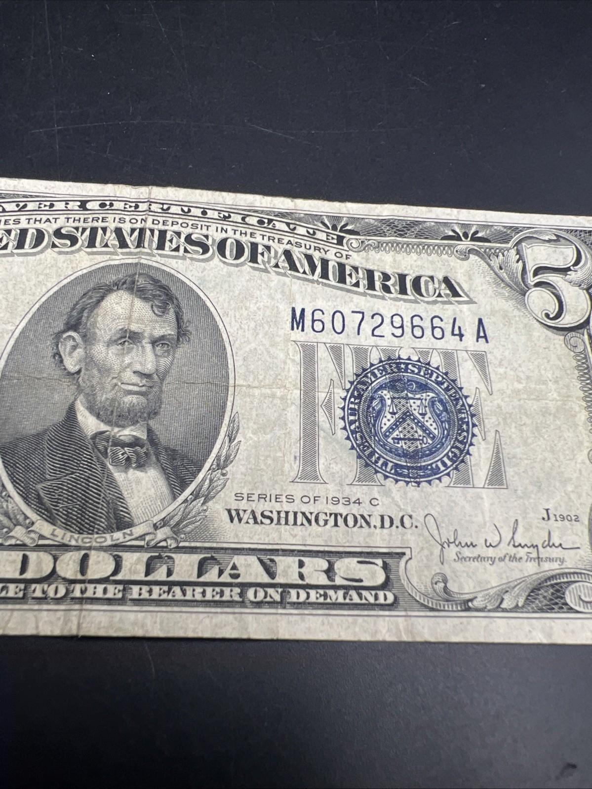 1934 C $5 Silver Certificate Note Blue Seal Bill VG / Fine Circ #664