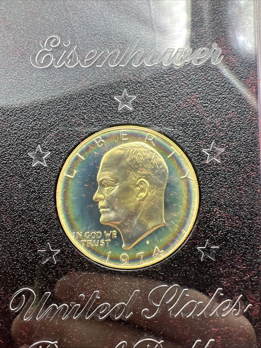 1974 S $1 Eisenhower Brown Ike 40% Proof Silver Dollar PQ  * Rainbow Toning OBV