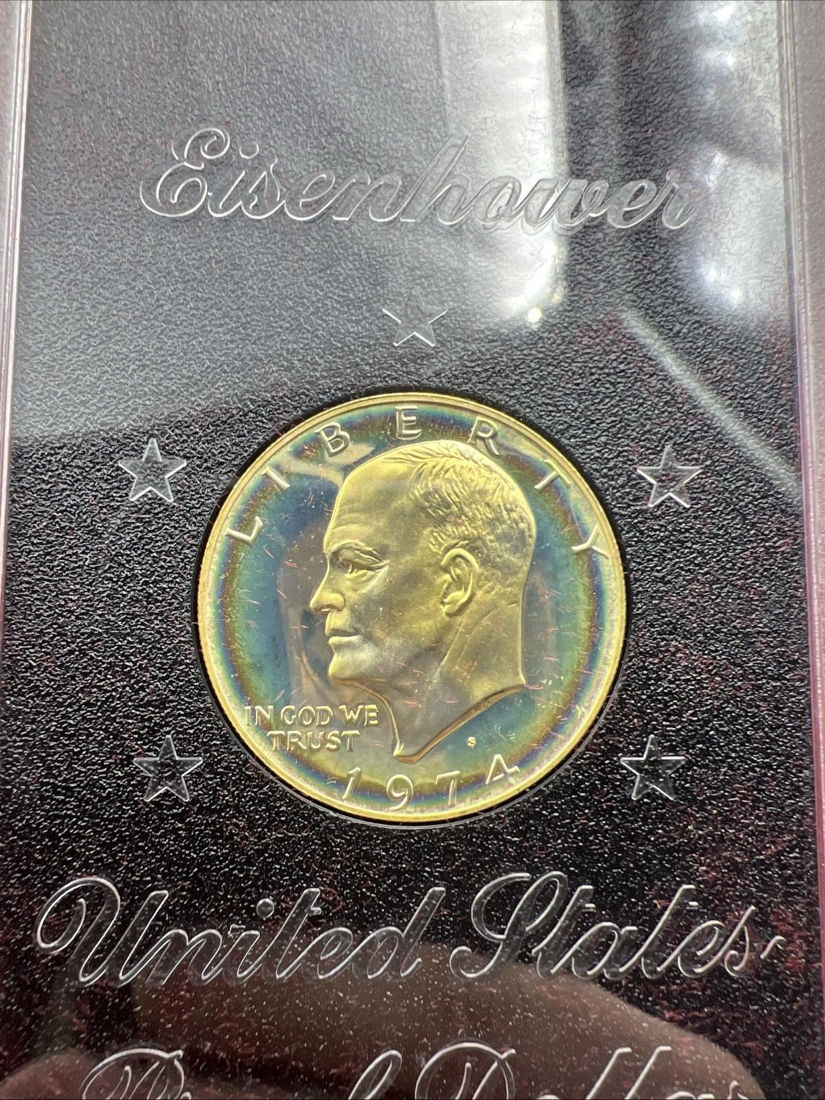 1974 S $1 Eisenhower Brown Ike 40% Proof Silver Dollar PQ  * Rainbow Toning OBV