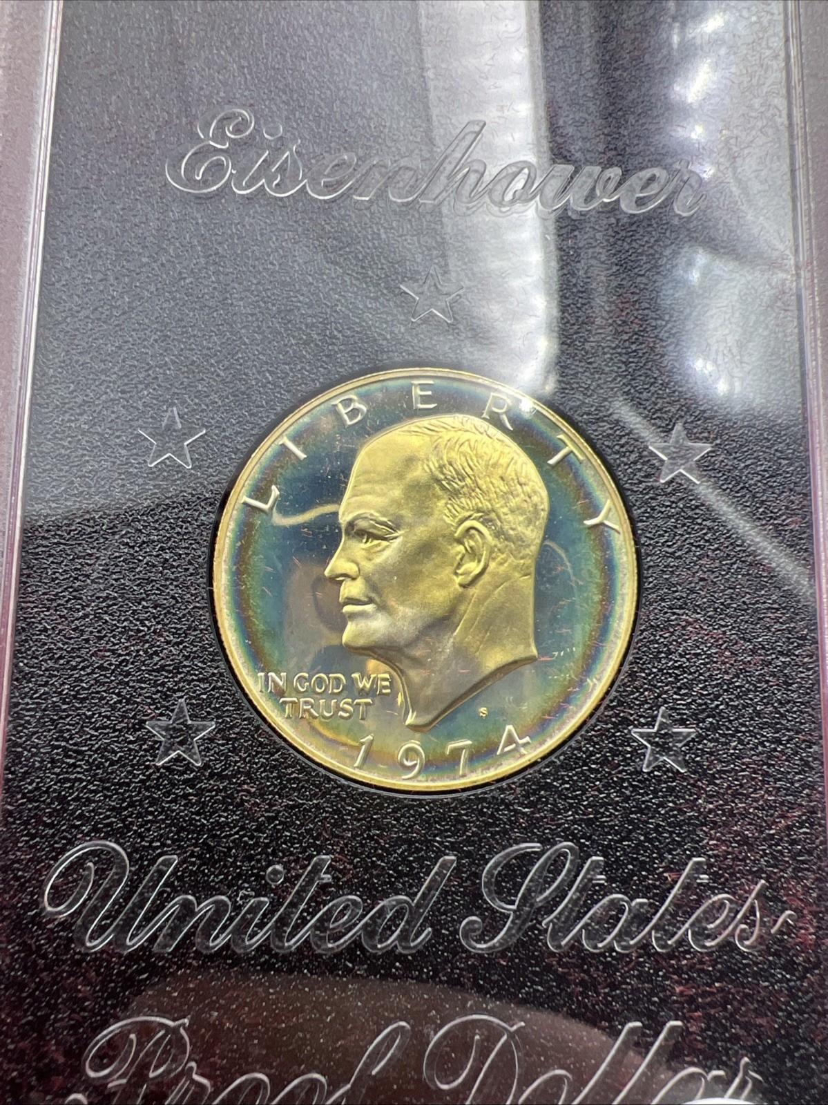 1974 S $1 Eisenhower Brown Ike 40% Proof Silver Dollar PQ  * Rainbow Toning OBV