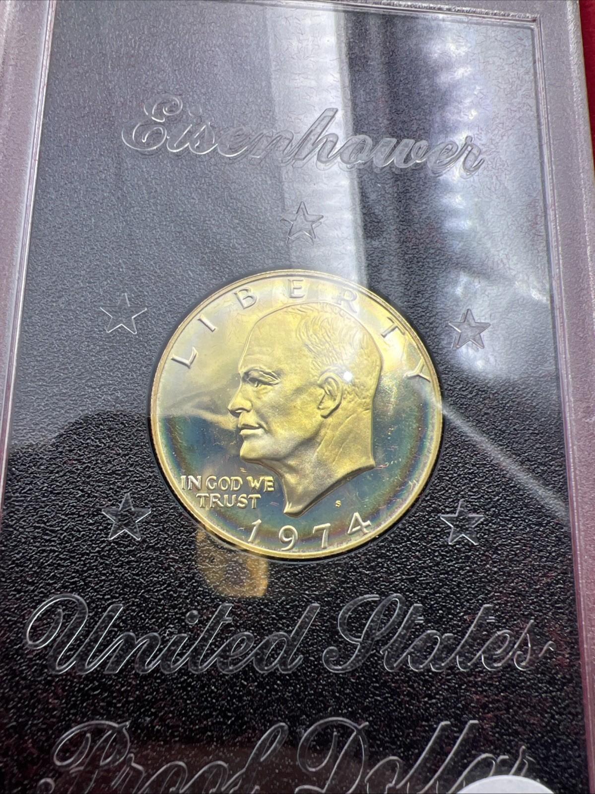 1974 S $1 Eisenhower Brown Ike 40% Proof Silver Dollar PQ  * Rainbow Toning OBV
