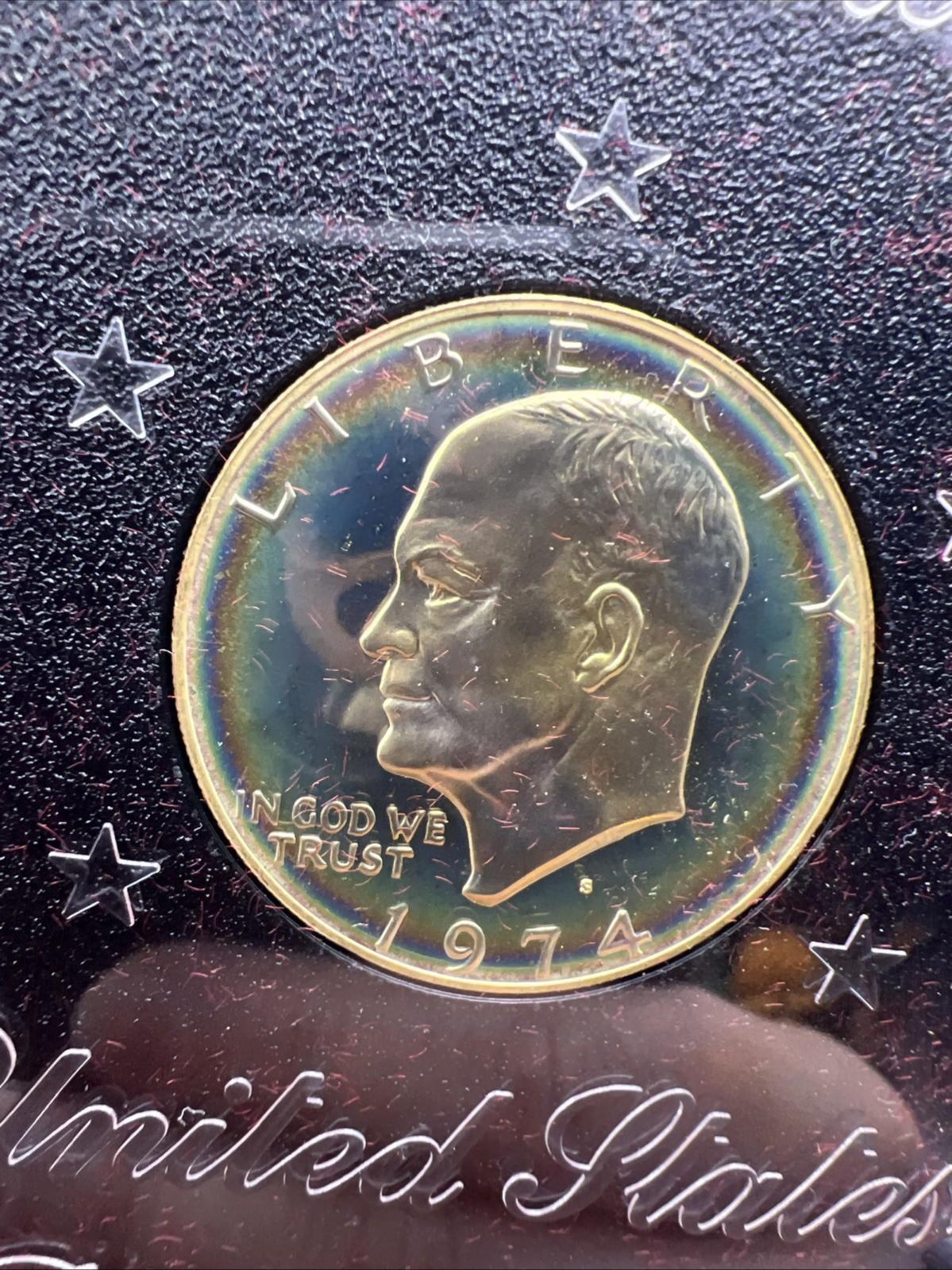 1974 S $1 Eisenhower Brown Ike 40% Proof Silver Dollar PQ  * Rainbow Toning OBV