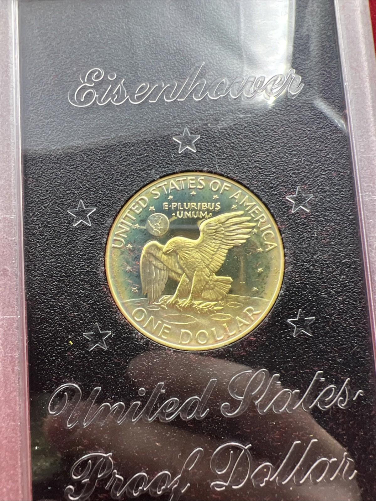 1974 S $1 Eisenhower Brown Ike 40% Proof Silver Dollar PQ  * Rainbow Toning OBV