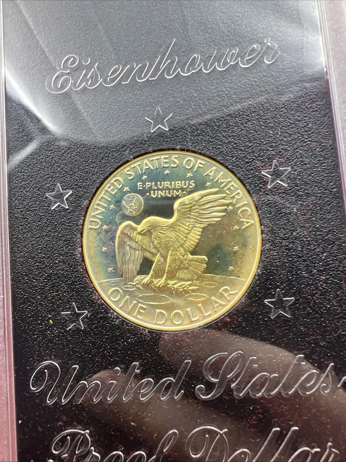 1974 S $1 Eisenhower Brown Ike 40% Proof Silver Dollar PQ  * Rainbow Toning OBV