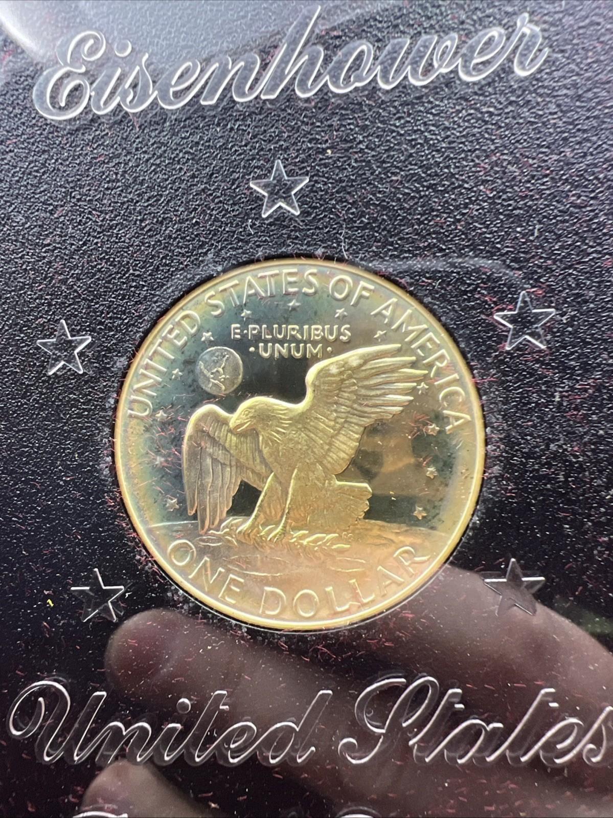 1974 S $1 Eisenhower Brown Ike 40% Proof Silver Dollar PQ  * Rainbow Toning OBV