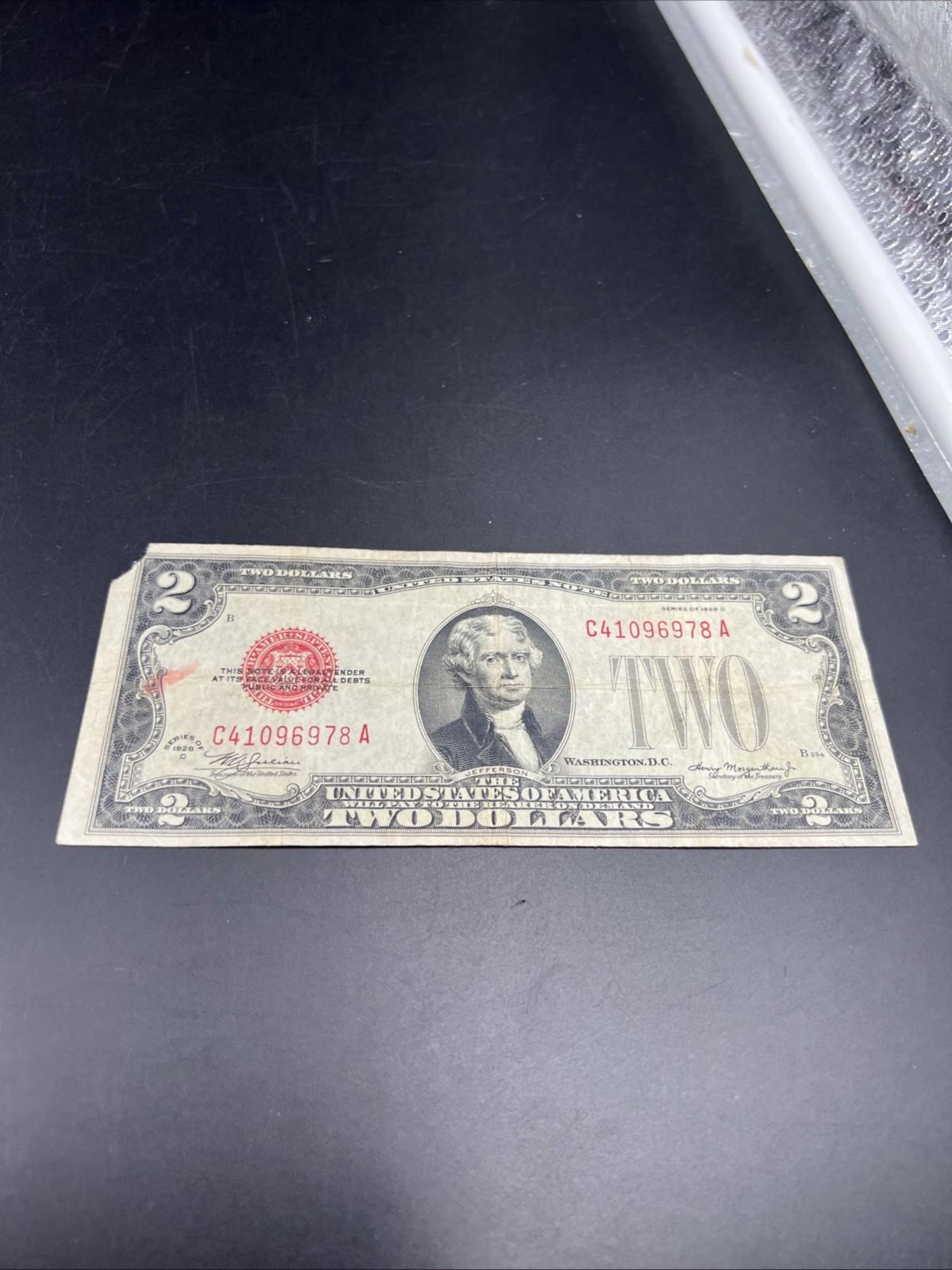 1928 D Mule $2 USN United States Note Red Seal Fine Details Circ #78