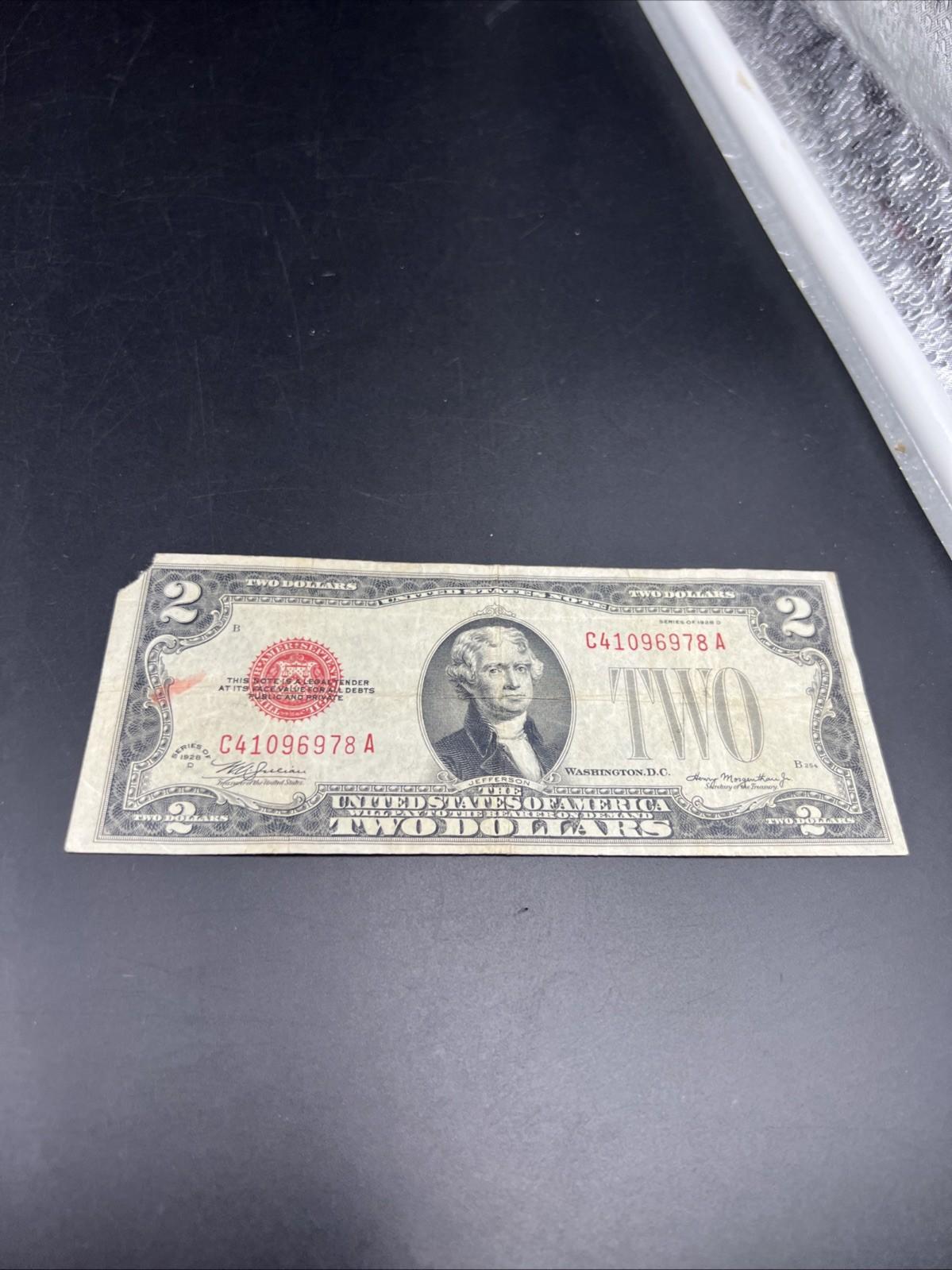 1928 D Mule $2 USN United States Note Red Seal Fine Details Circ #78