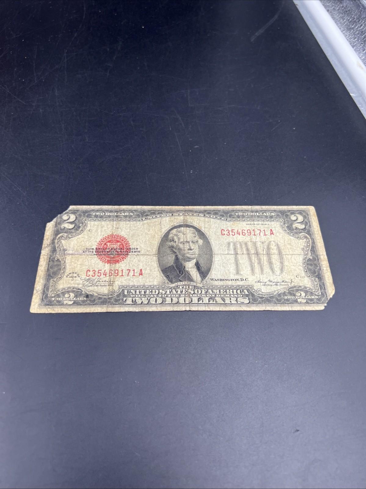 1928 D Mule $2 USN United States Note Red Seal Cull Very Circ Details #71