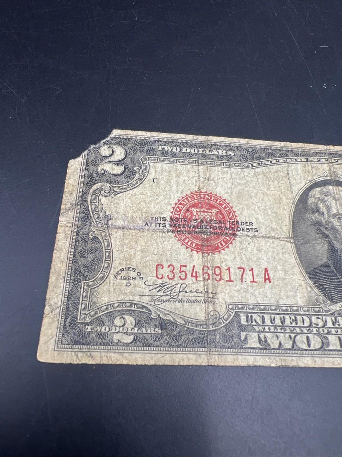 1928 D Mule $2 USN United States Note Red Seal Cull Very Circ Details #71