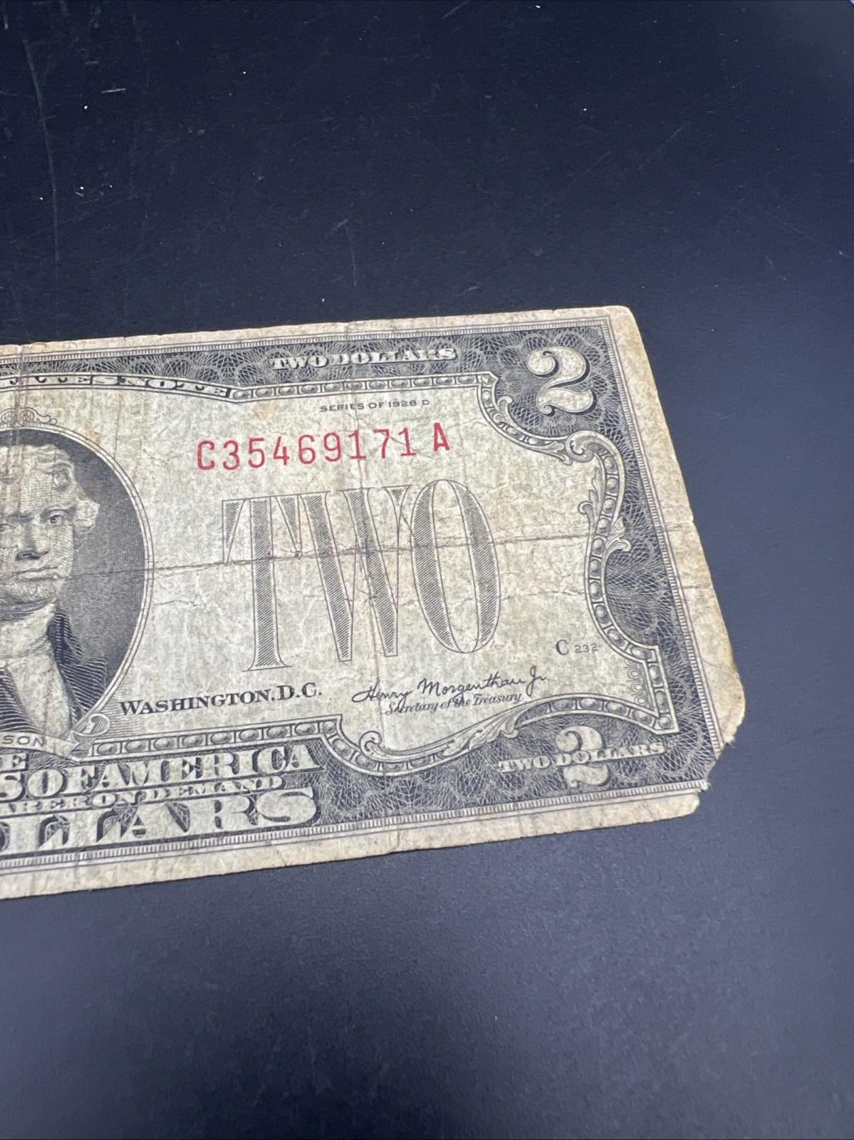 1928 D Mule $2 USN United States Note Red Seal Cull Very Circ Details #71