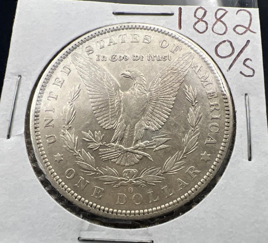 1882 O/S Stong $1 Morgan Silver Dollar Coin AU About UNC