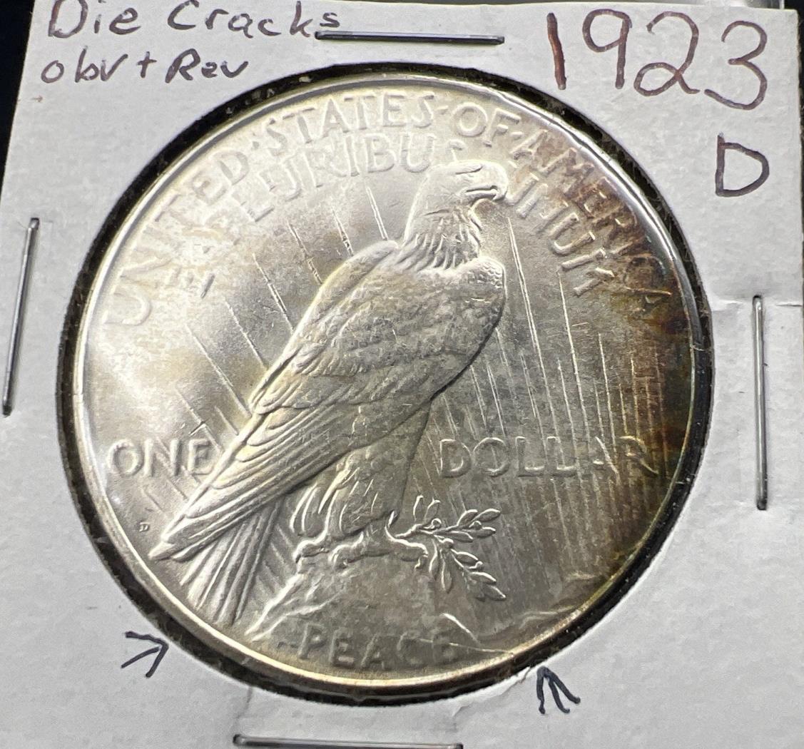 1923 D $1 Peace Silver Dollar Coin BU UNC Die Cracks Reverse VAM