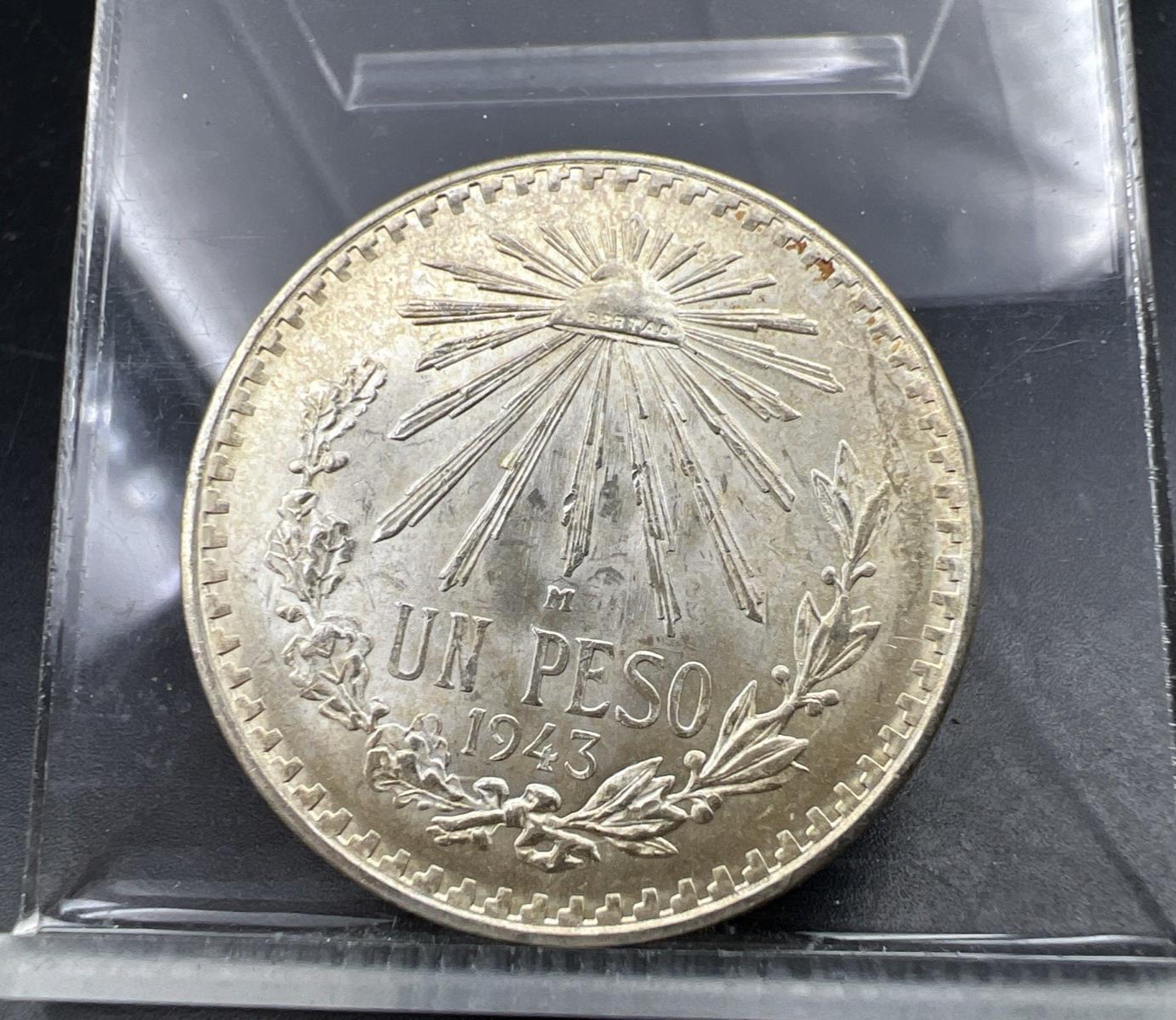 1943 Mo Mexico Silver Un Peso Cap & Rays Coin Gem BU UNC SKU#A