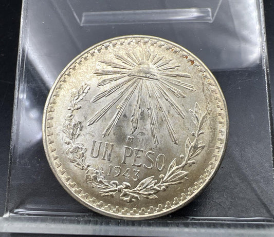 1943 Mo Mexico Silver Un Peso Cap & Rays Coin Gem BU UNC SKU#A