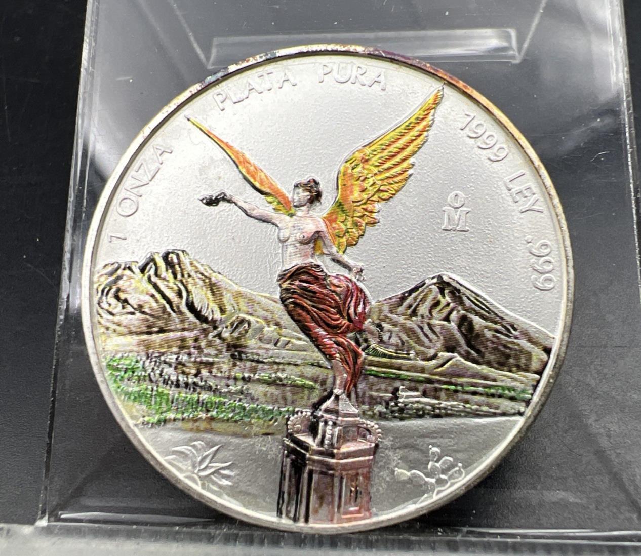 1999 Mo Mexico 1 Oz Silver Libertad Coin CH / Gem Unc Colorized Some Toning Key