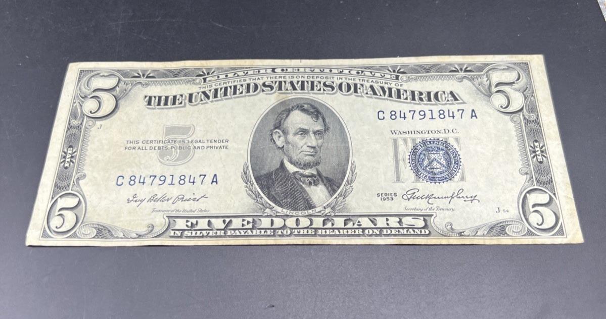 1953 $5 United States Silver Certificate Blue Seal Note VF Very Fine #847