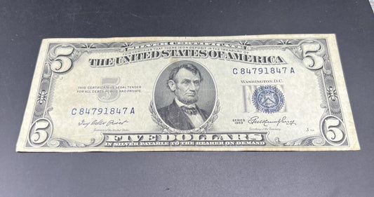 1953 $5 United States Silver Certificate Blue Seal Note VF Very Fine #847