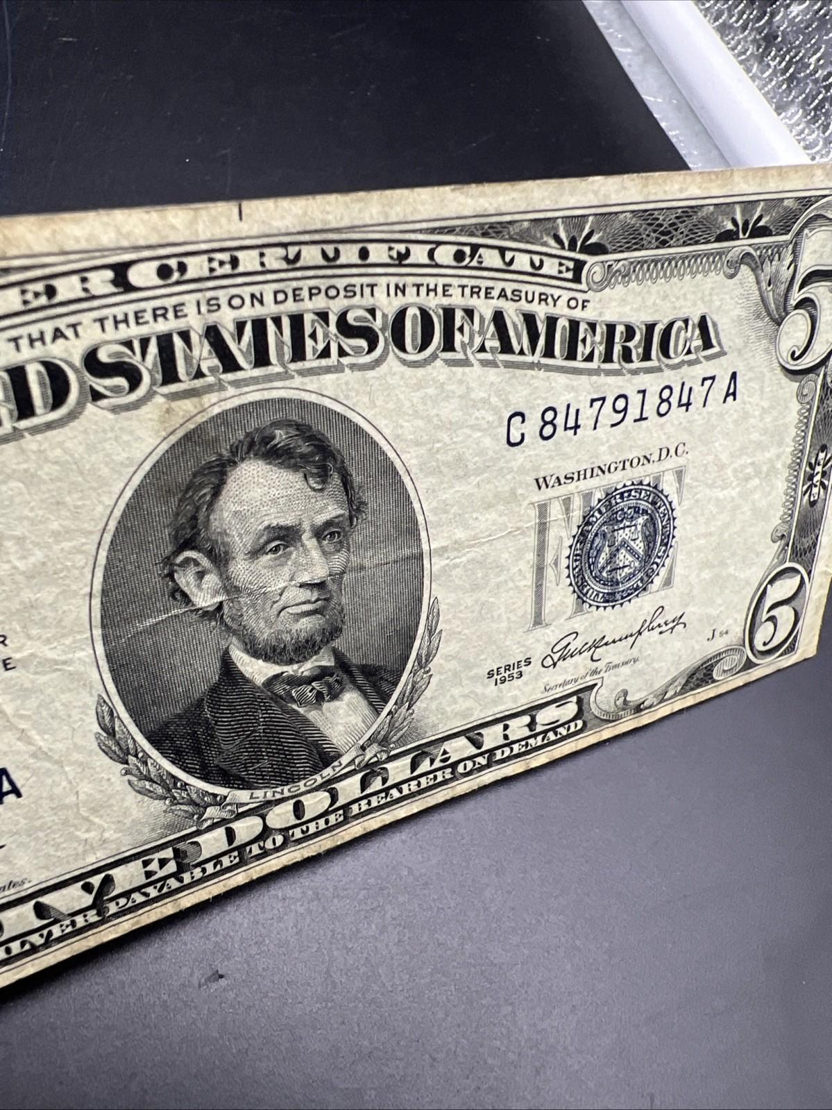 1953 $5 United States Silver Certificate Blue Seal Note VF Very Fine #847