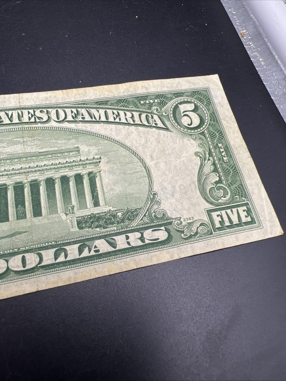 1953 $5 United States Silver Certificate Blue Seal Note VF Very Fine #847