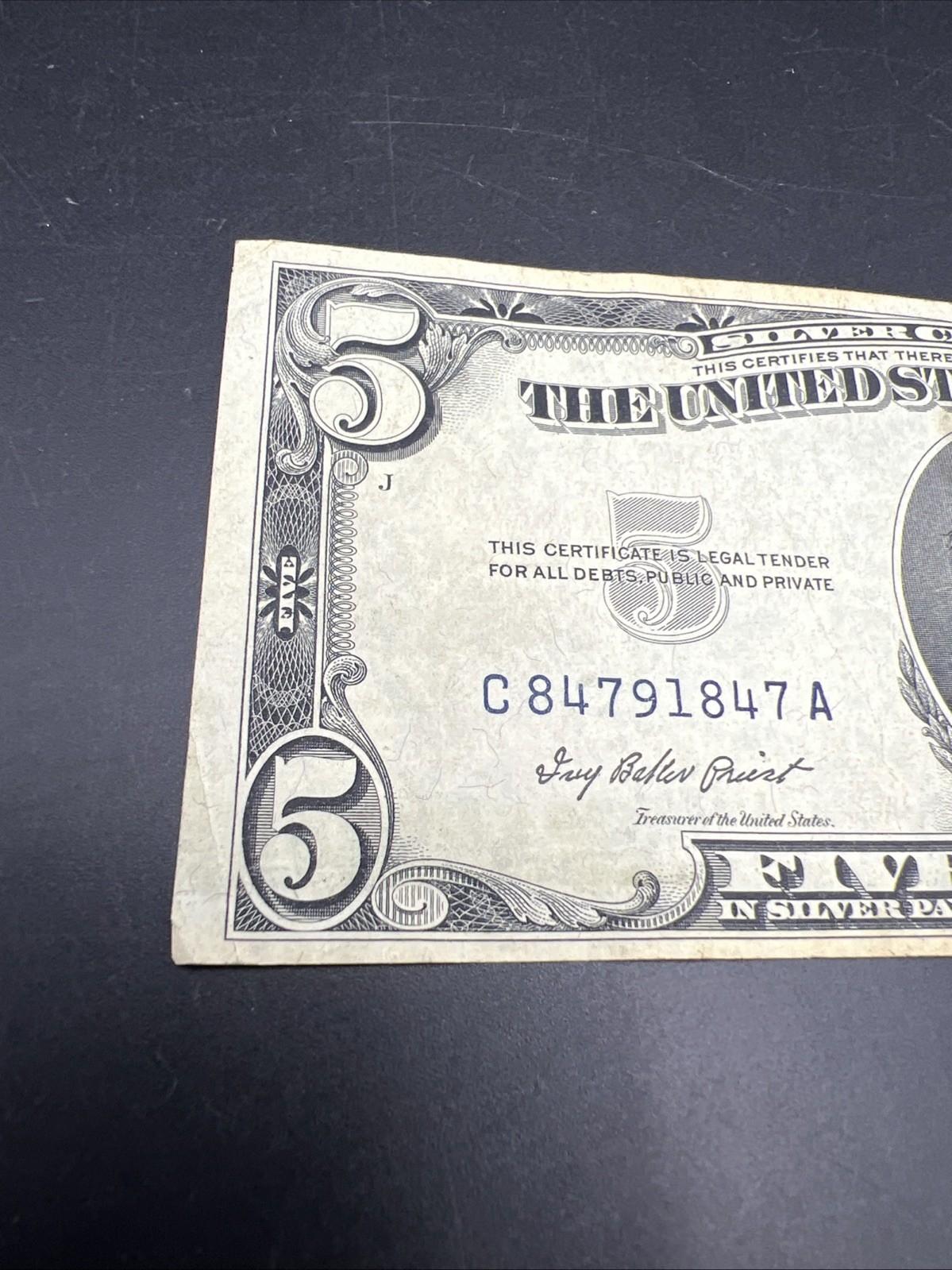 1953 $5 United States Silver Certificate Blue Seal Note VF Very Fine #847