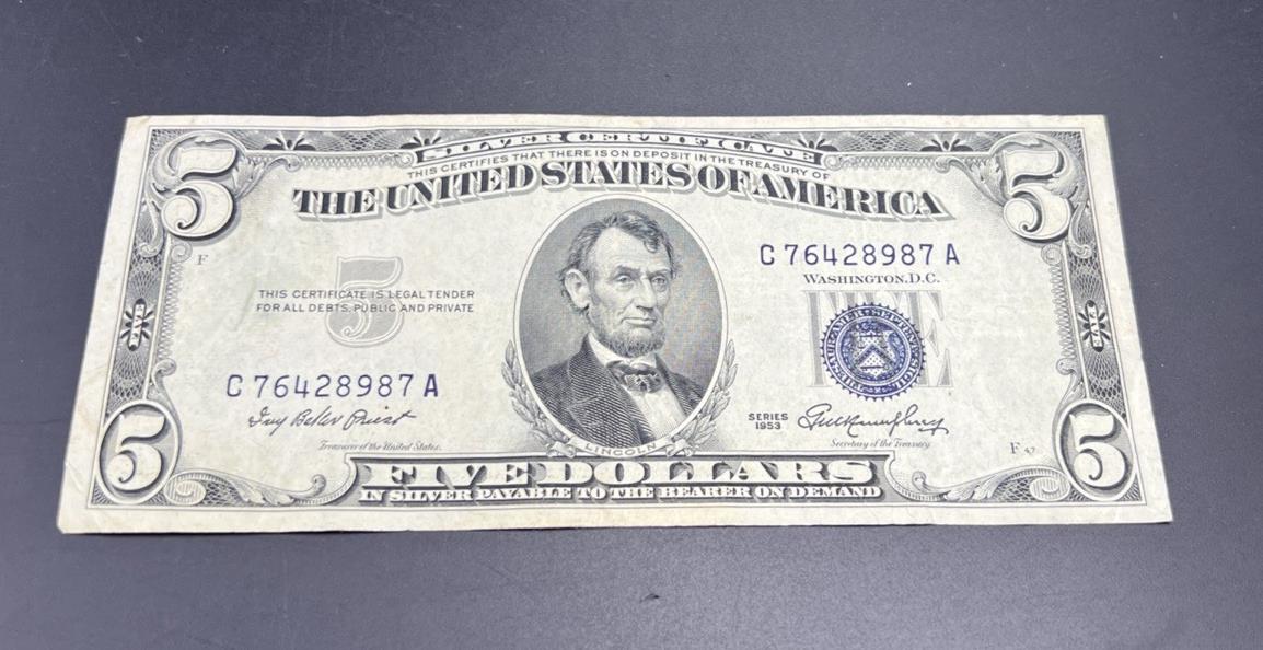 1953 $5 United States Silver Certificate Blue Seal Note CH Fine / VF #987