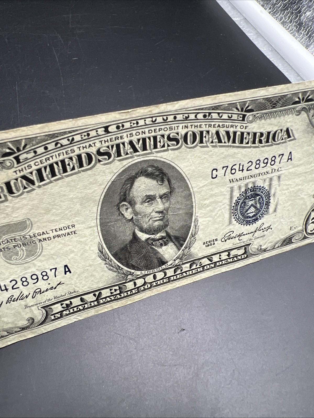 1953 $5 United States Silver Certificate Blue Seal Note CH Fine / VF #987