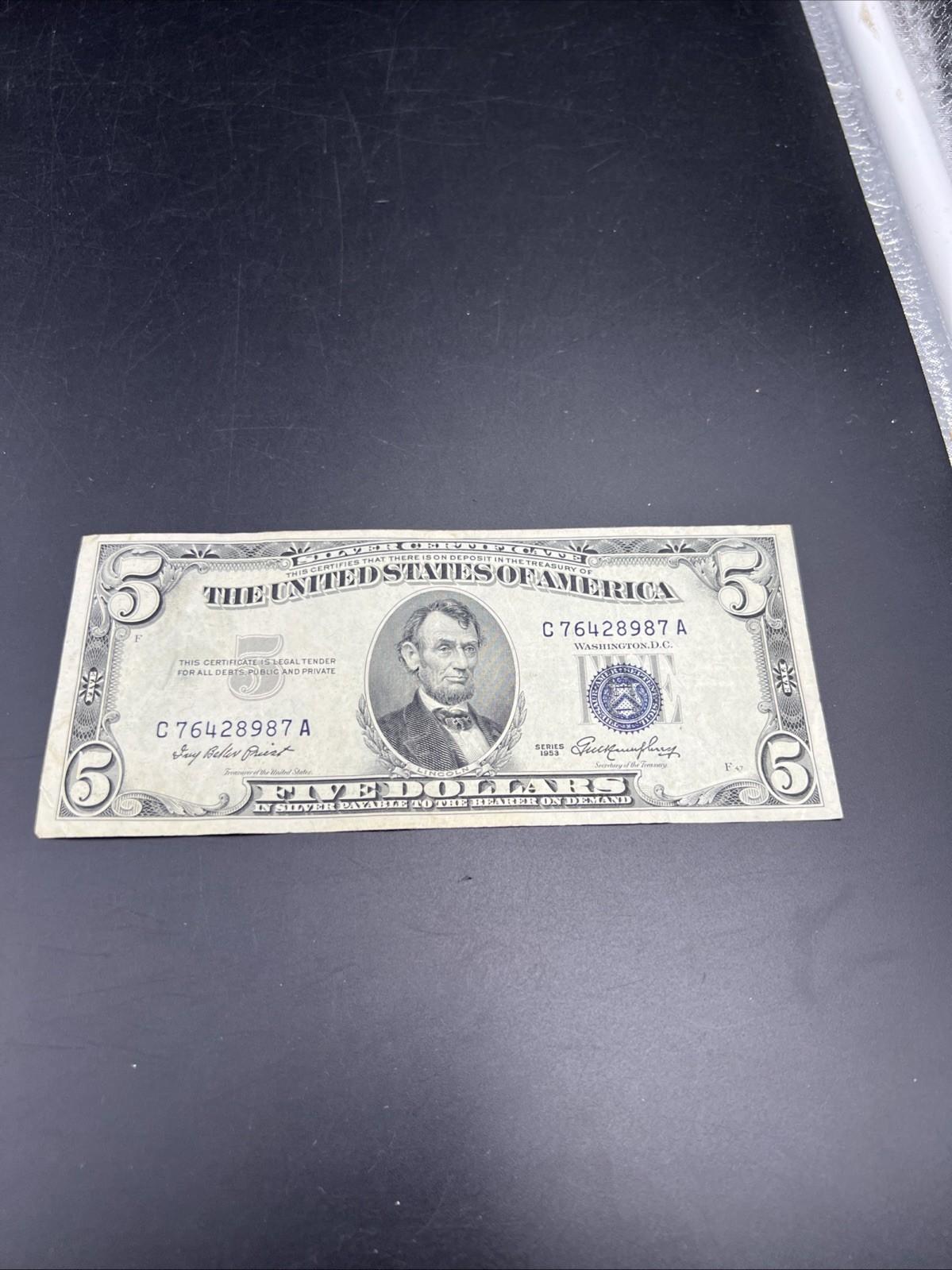 1953 $5 United States Silver Certificate Blue Seal Note CH Fine / VF #987