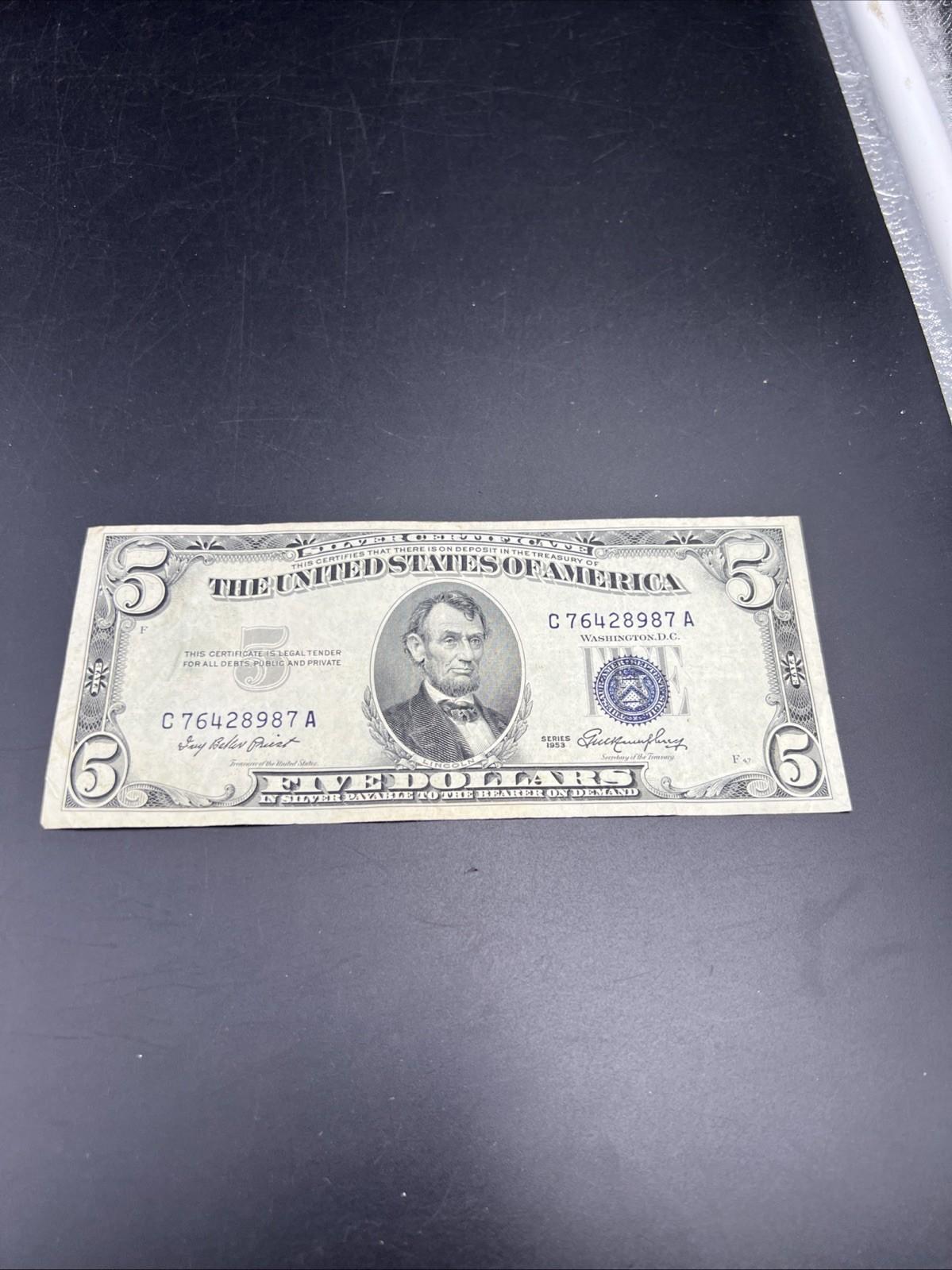 1953 $5 United States Silver Certificate Blue Seal Note CH Fine / VF #987
