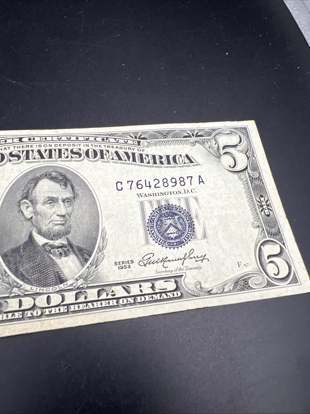 1953 $5 United States Silver Certificate Blue Seal Note CH Fine / VF #987