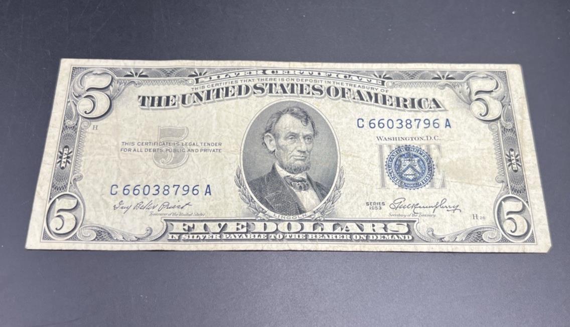 1953 $5 Silver Certificate Note Blue Seal Bill VG Very Good Circ #796