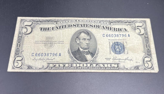 1953 $5 Silver Certificate Note Blue Seal Bill VG Very Good Circ #796